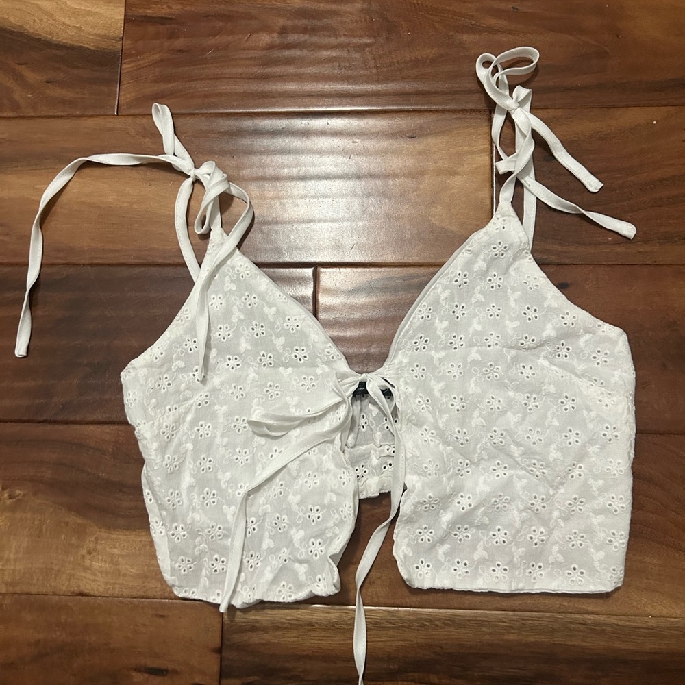 White Eyelet Tie-Front Top